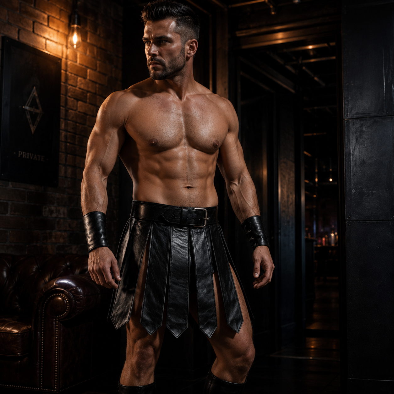 Men’s Genuine Leather Gladiator Kilt – Black Handmade Clubwear Kilt & Wristband