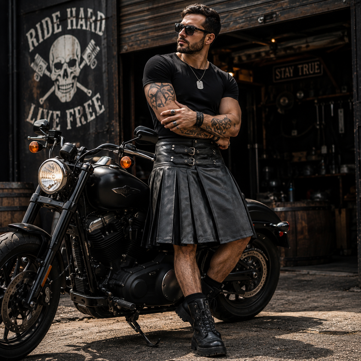 Man wearing black leather pleated utility kilt and leather jacket leaning on a motorcycle