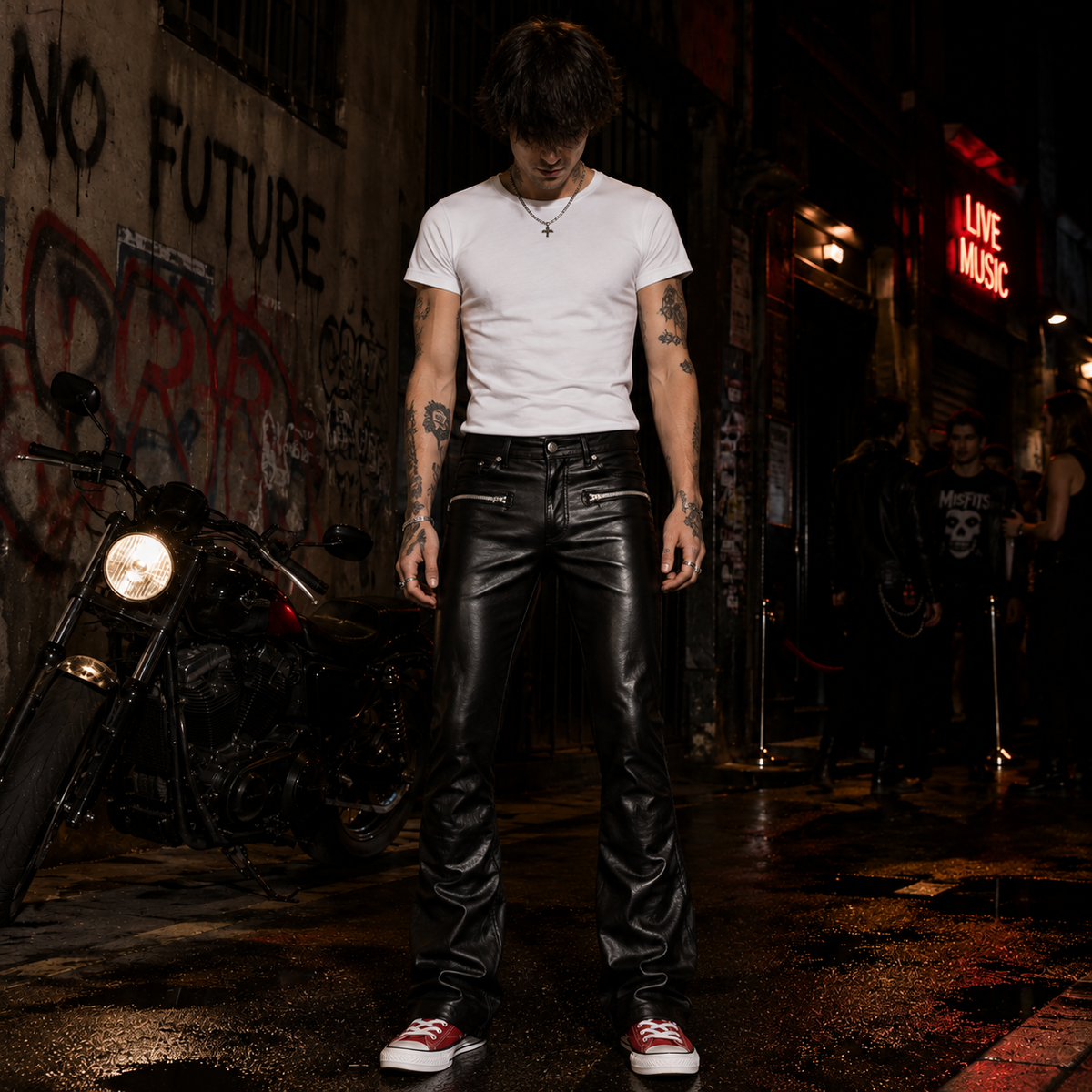 Model wearing black leather bootcut pants leaning on motorcycle at night, urban lifestyle shot