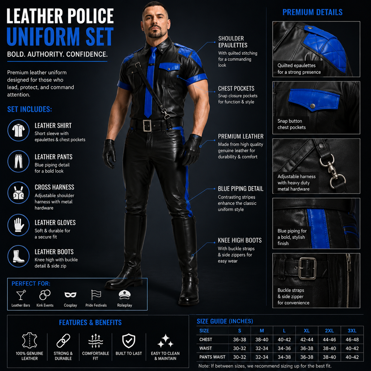 Infographic showing features of men's leather police uniform including harness, piping, and leather quality