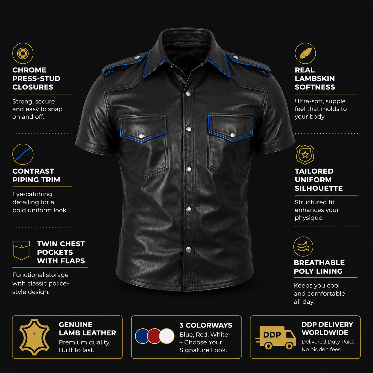Men’s Real Lamb Leather Police Short Sleeves Shirt with Color Piping on Shoulders, Collar & Pocket