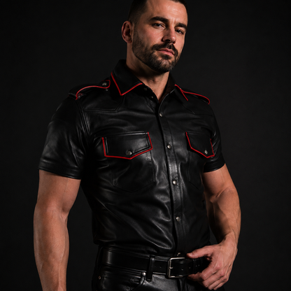 Men’s Real Lamb Leather Police Short Sleeves Shirt with Color Piping on Shoulders, Collar & Pocket