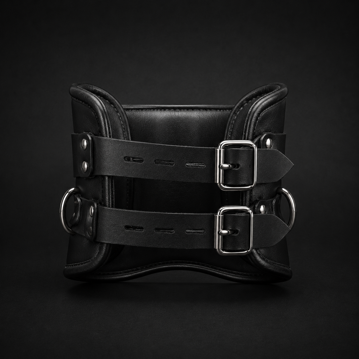 Back view of the leather bondage posture collar showing rear buckle straps