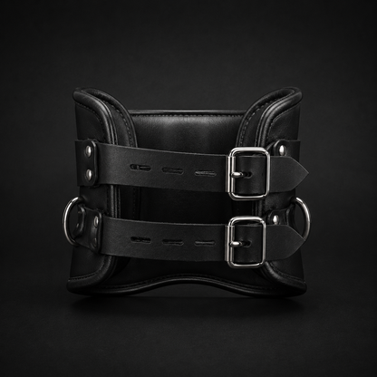 Back view of the leather bondage posture collar showing rear buckle straps