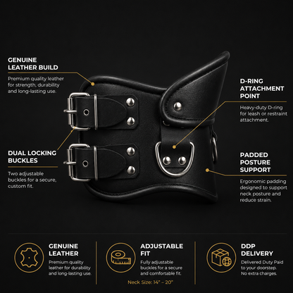 leather posture collar with bondage buckles, product diagram base image on dark background.