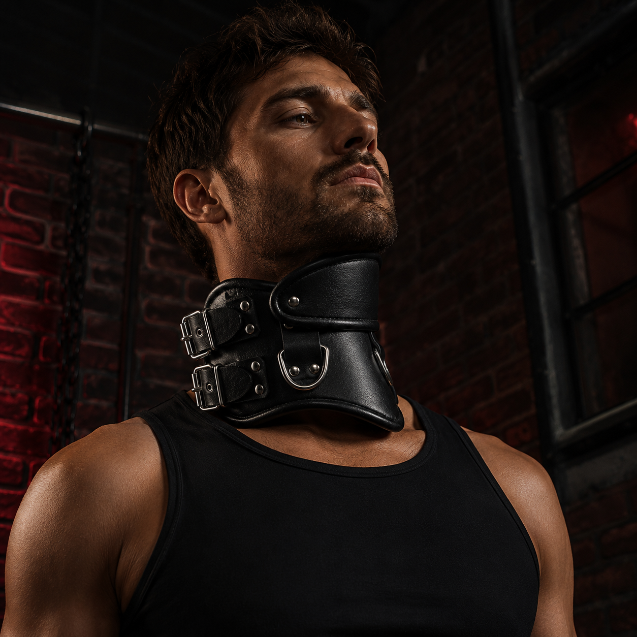 Man wearing a leather posture bondage collar in a moody industrial loft setting