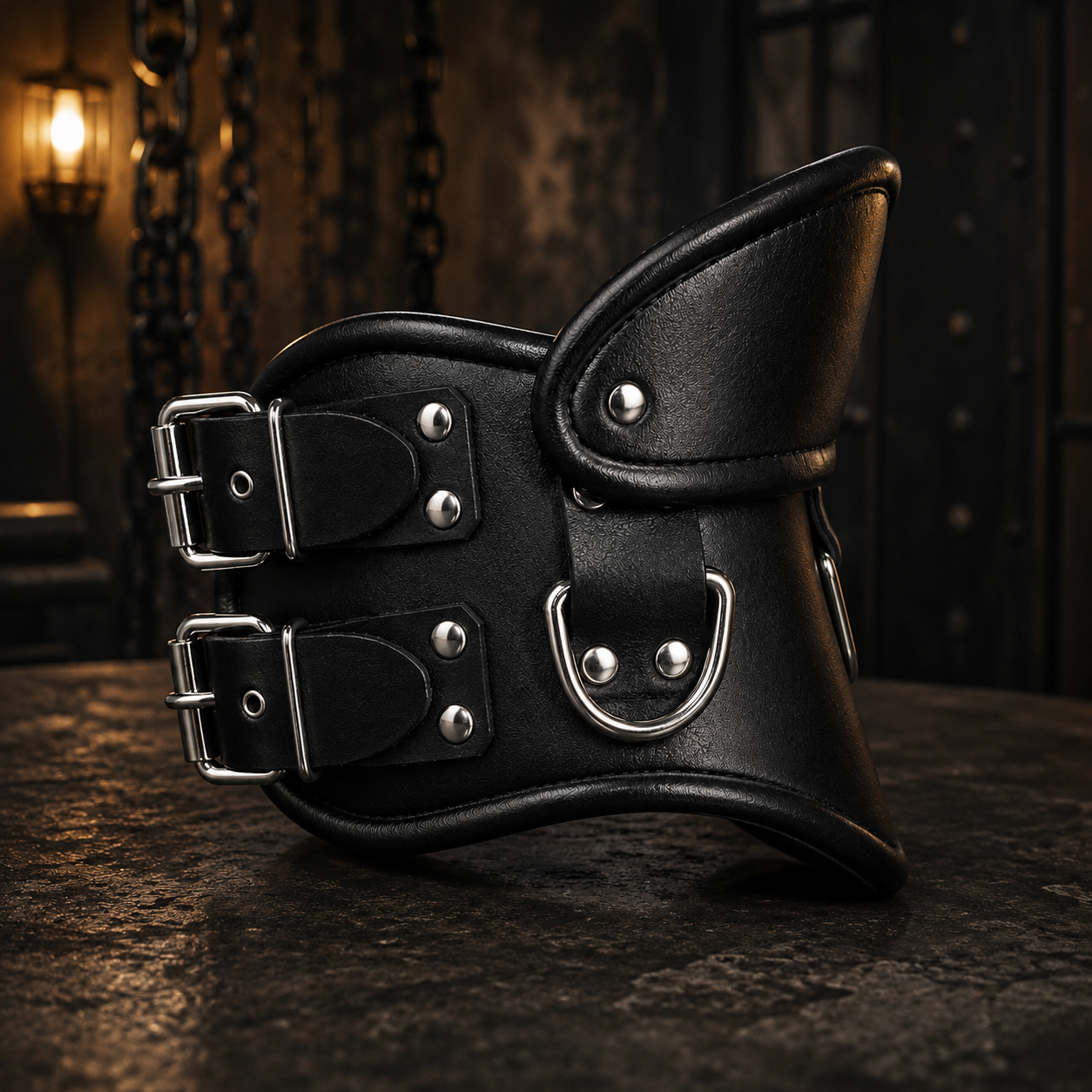 Genuine leather posture collar with double buckle straps and D-ring hardware, dark studio product shot