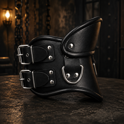 Genuine leather posture collar with double buckle straps and D-ring hardware, dark studio product shot