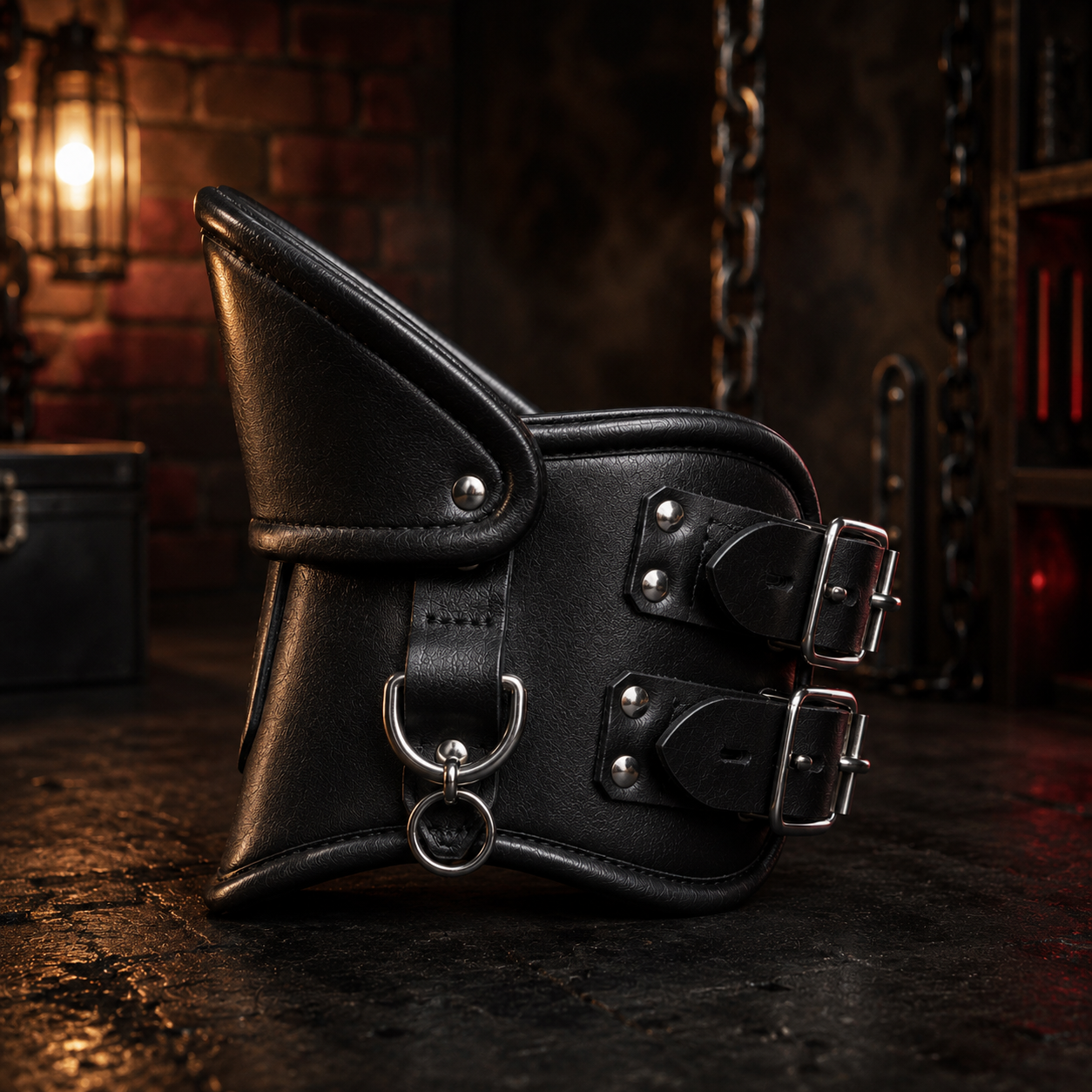 Side profile of the leather posture collar highlighting the D-ring hardware and buckle straps