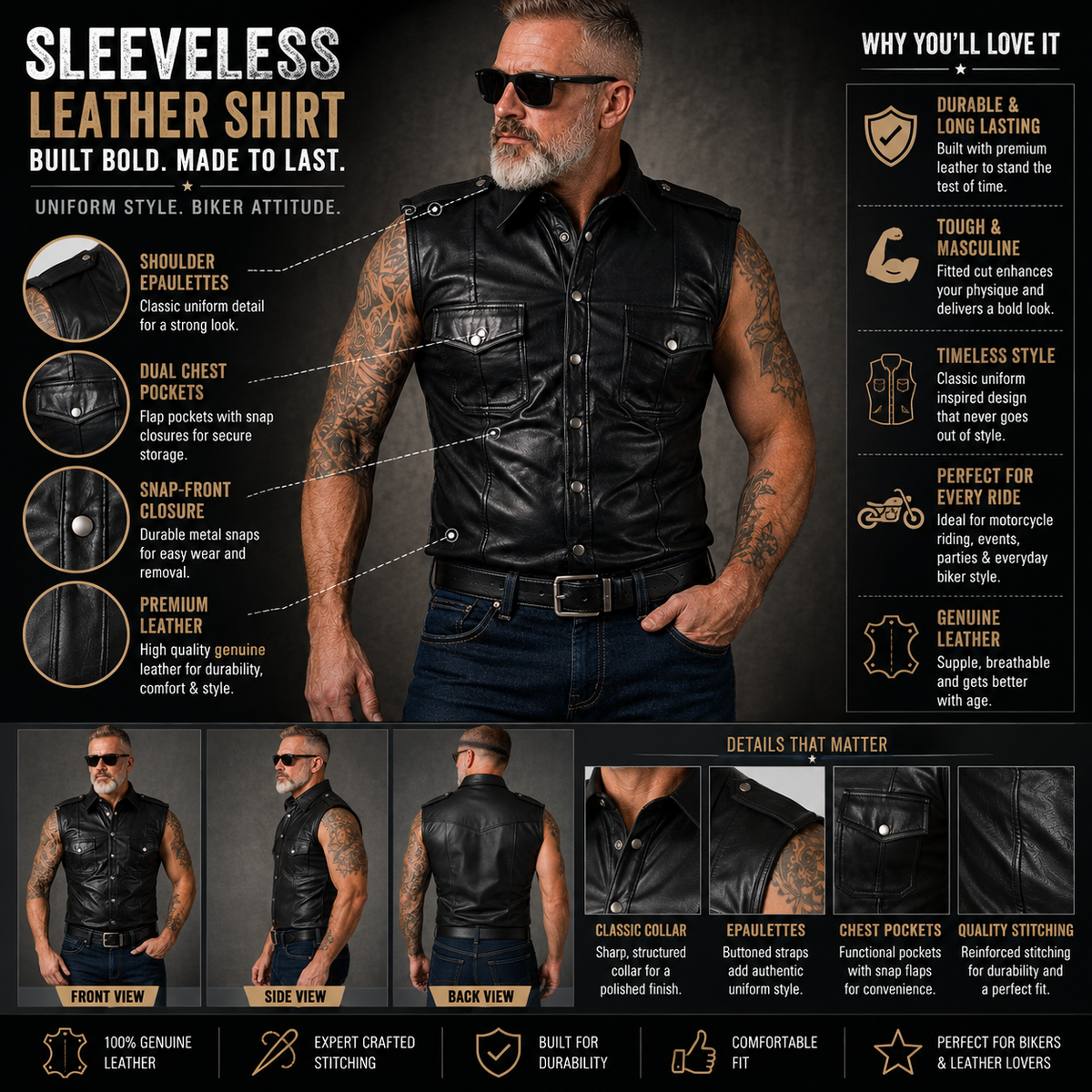 Infographic showing features of black sleeveless leather uniform shirt
