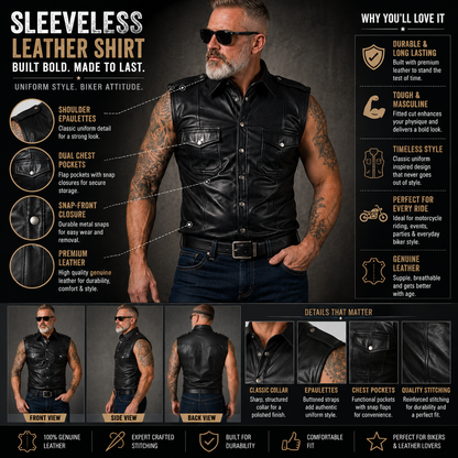 Infographic showing features of black sleeveless leather uniform shirt