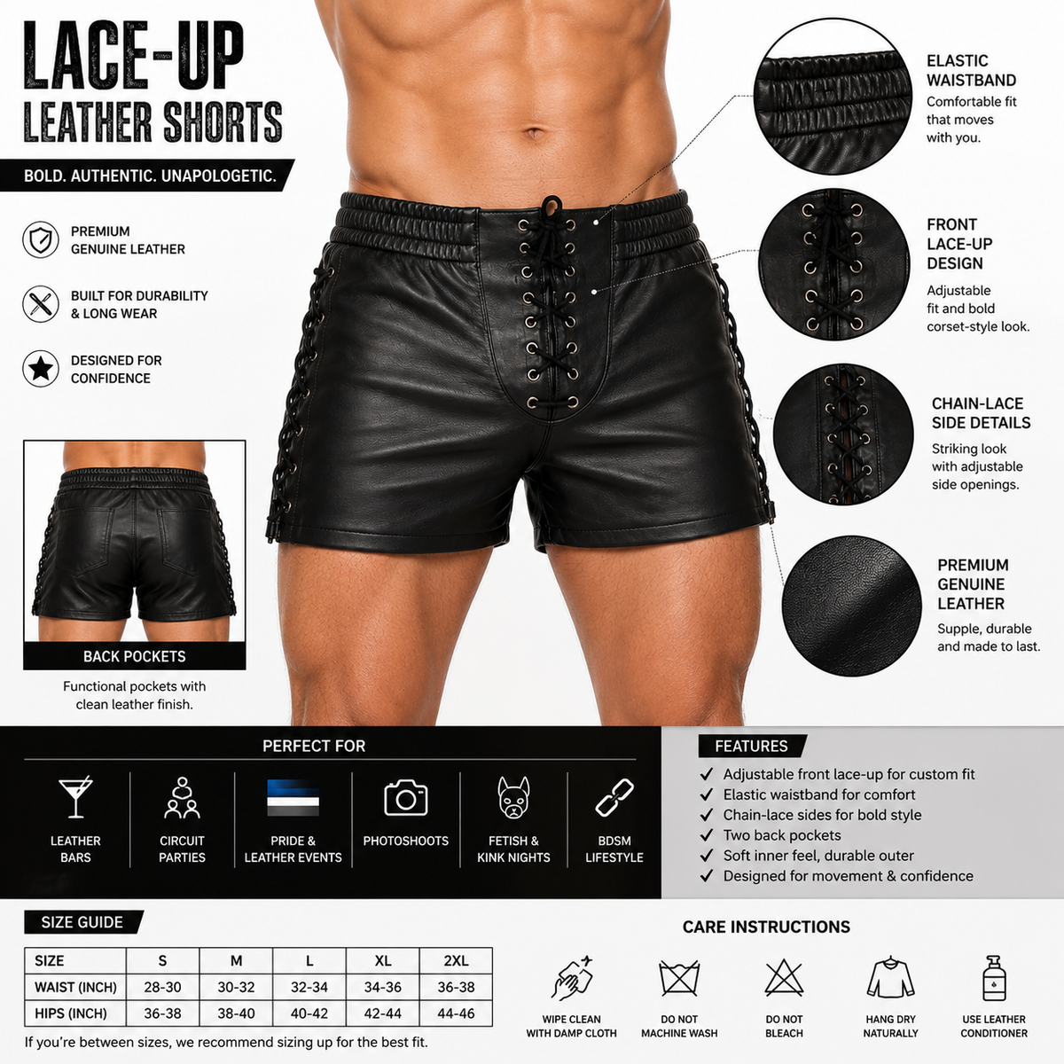 Infographic showing key features of black leather lace-up shorts including adjustable lacing and elastic waistband