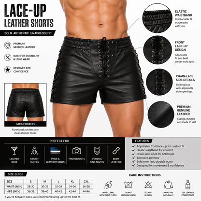 Infographic showing key features of black leather lace-up shorts including adjustable lacing and elastic waistband