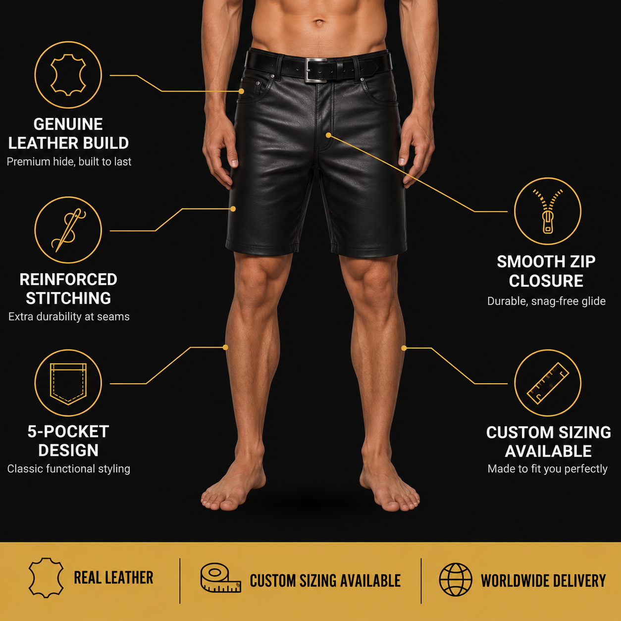 Infographic showing features of black leather  shorts including material, stitching, and hardware