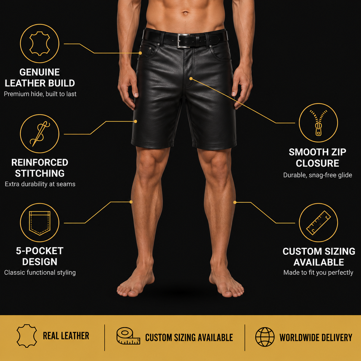 Infographic showing features of black leather  shorts including material, stitching, and hardware