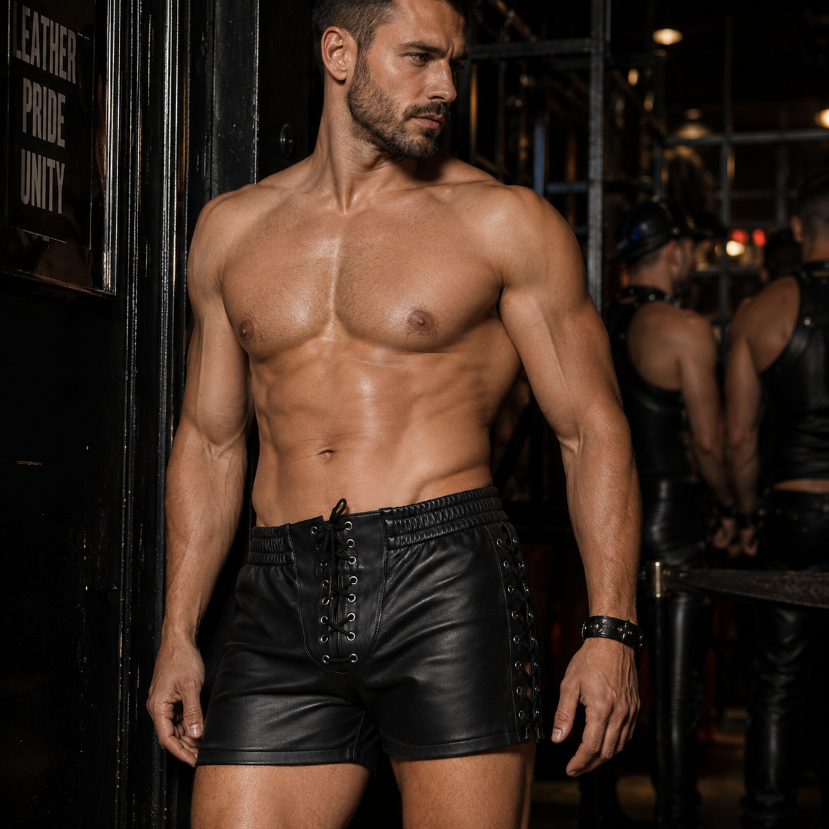 Close-up of side chain lacing detail on black leather shorts