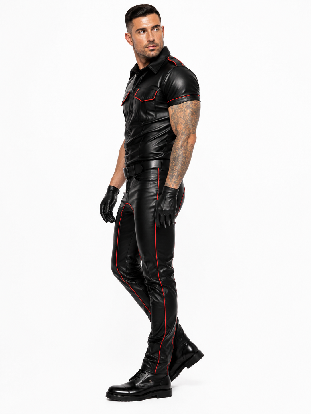 Rear view of black leather uniform shirt and trousers with piping detail