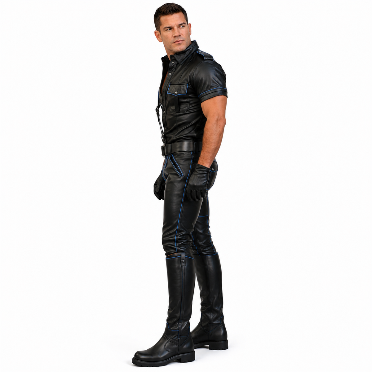 Side profile of man in black leather uniform outfit with harness and gloves, walking pose