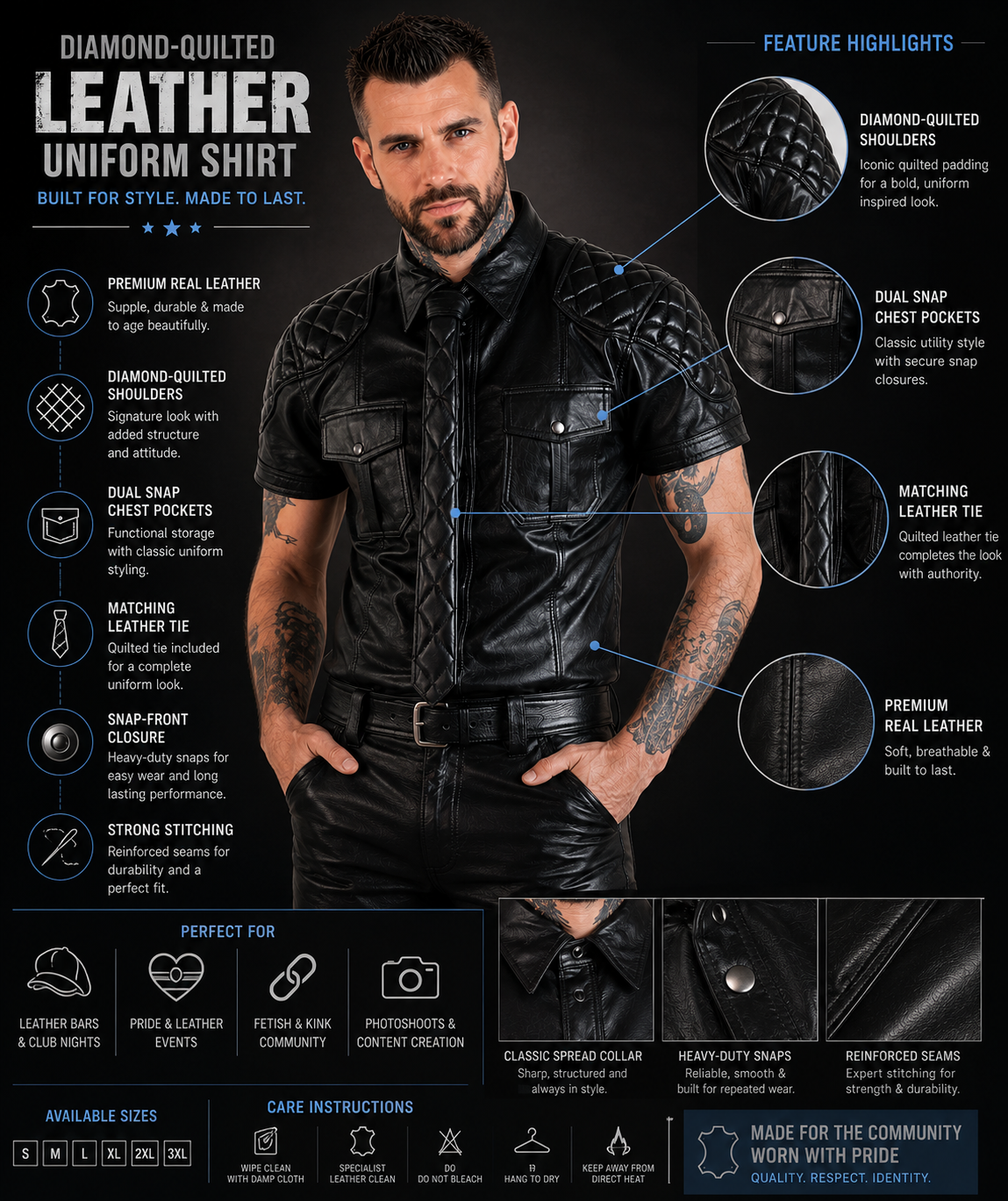 : Infographic showing features of black quilted leather uniform shirt including quilted shoulders and snap pockets