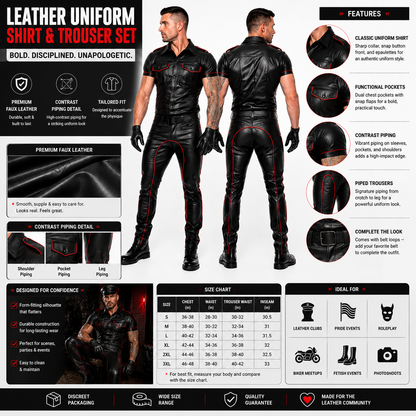 Infographic showing key features of black leather uniform shirt and trousers set