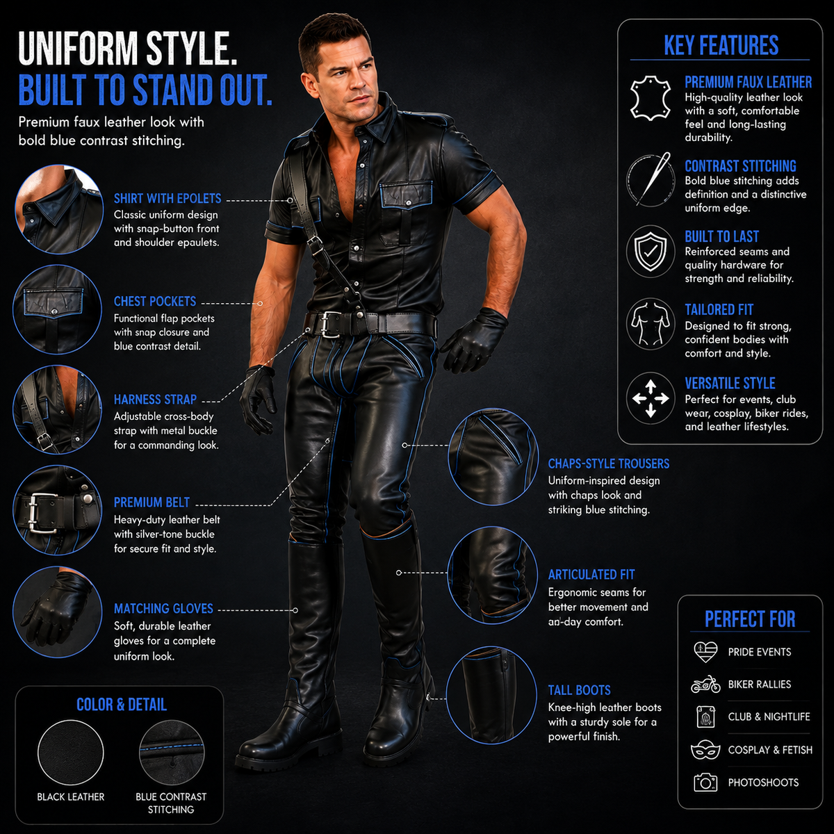 Infographic showing features of black leather uniform shirt and trousers with blue stitching and hardware details