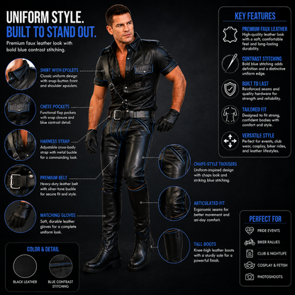 Infographic showing features of black leather uniform shirt and trousers with blue stitching and hardware details