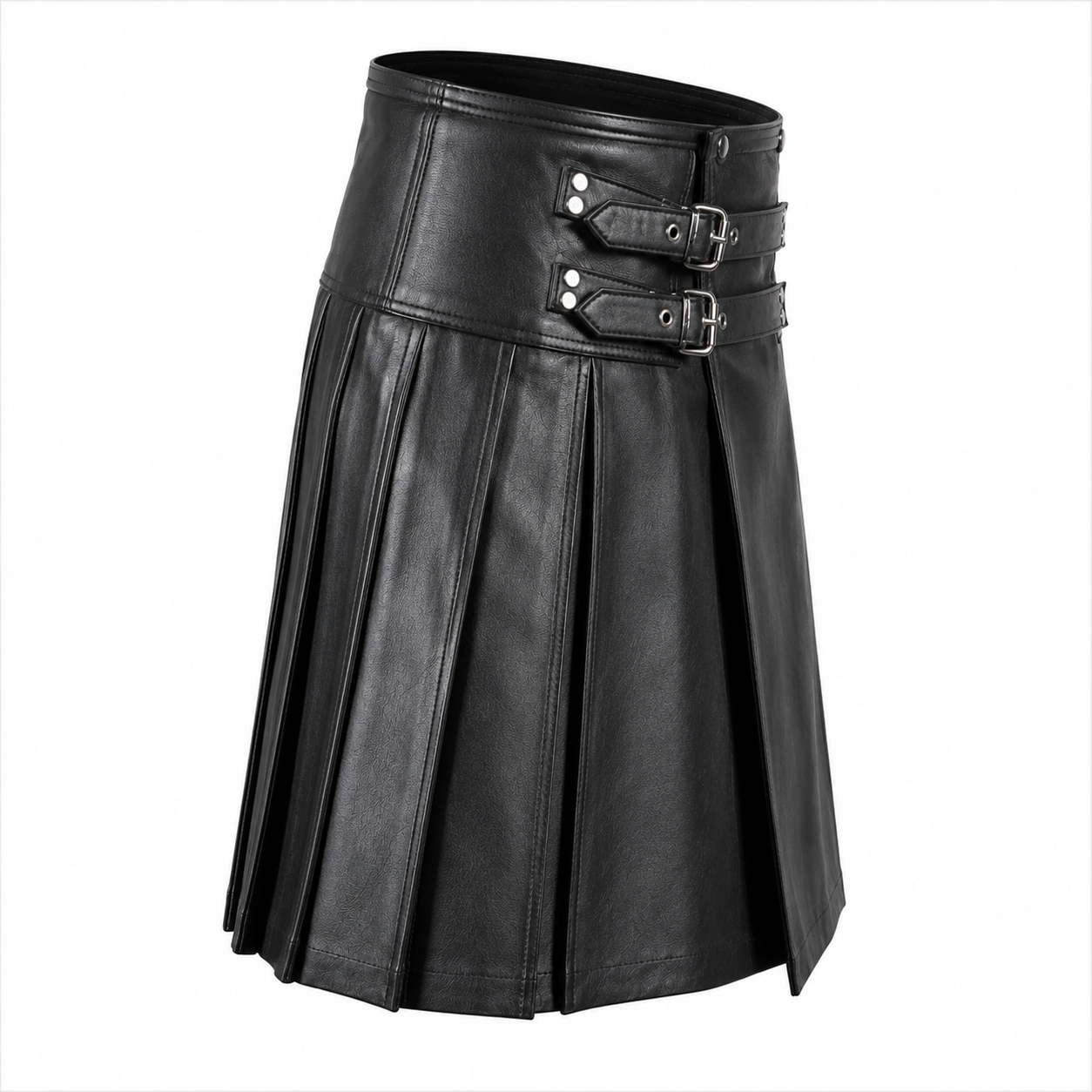 Side profile view of black leather utility kilt showing drape