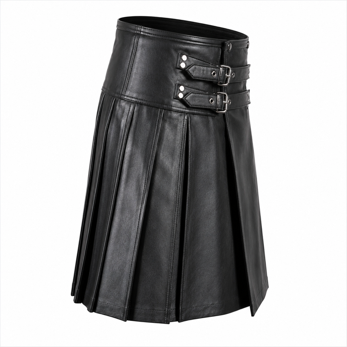 Side profile view of black leather utility kilt showing drape