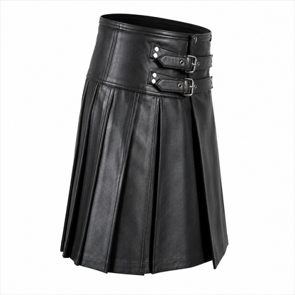 Side profile view of black leather utility kilt showing drape