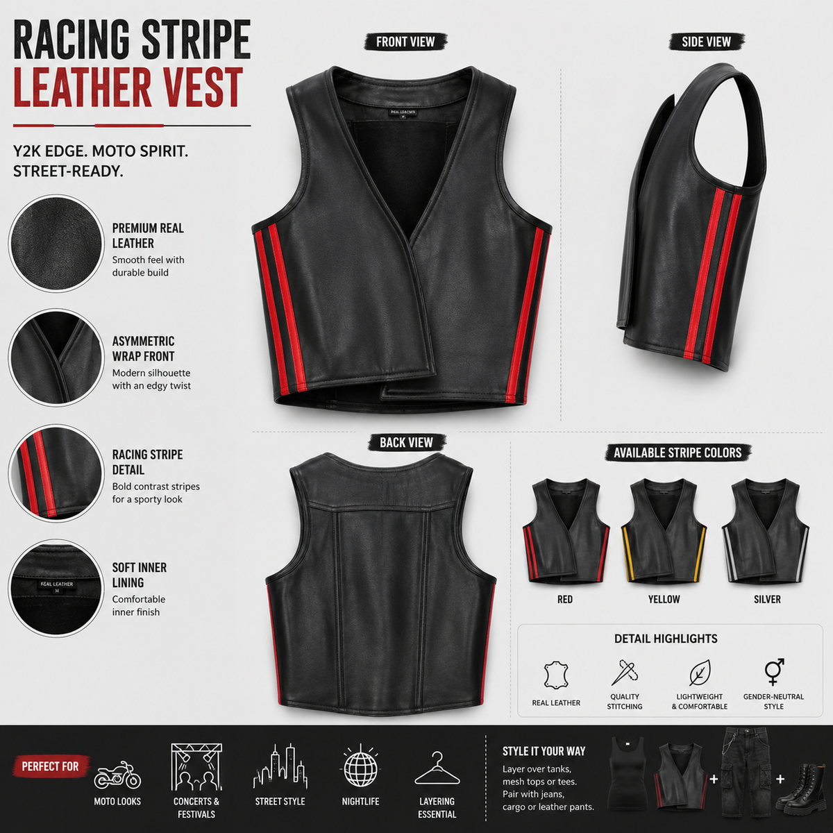 "Infographic showing key features of black leather cropped vest with red stripes"
