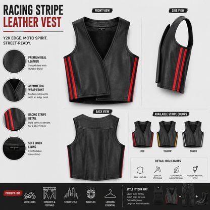 "Infographic showing key features of black leather cropped vest with red stripes"