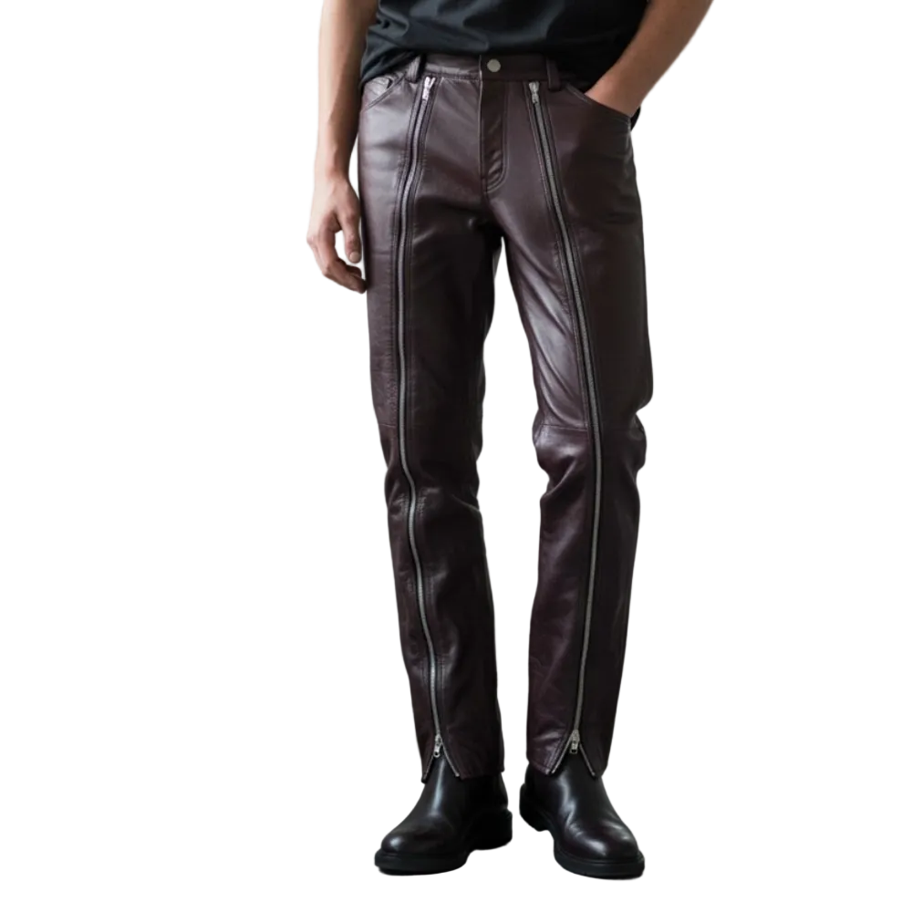 Men’s Brown Slim Fit Cow Leather Pants with Full Length Front Zippers