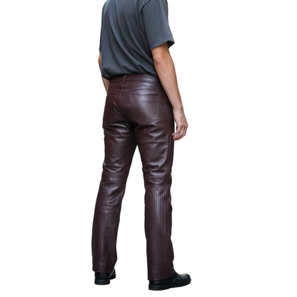 Men’s Brown Slim Fit Cow Leather Pants with Full Length Front Zippers