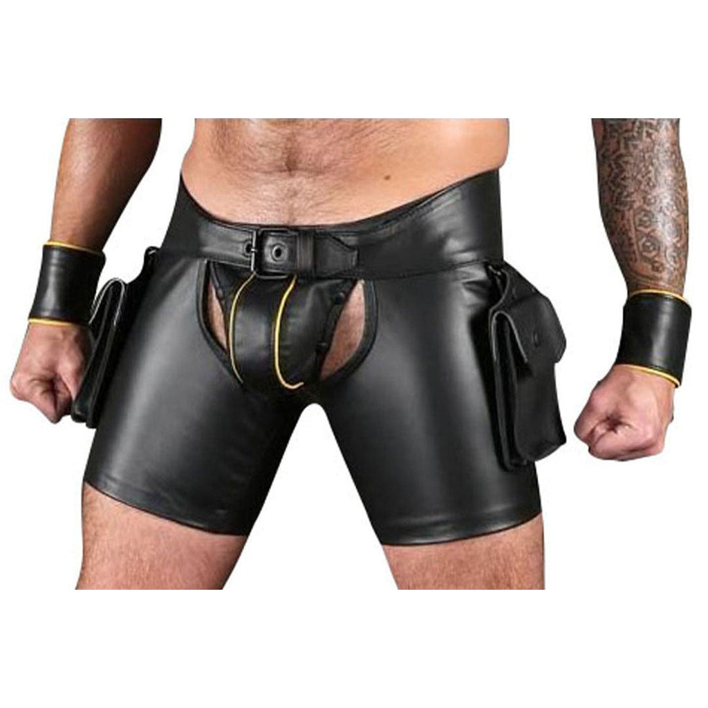 Men’s Leather Chaps Shorts with Cargo Pockets & Jock