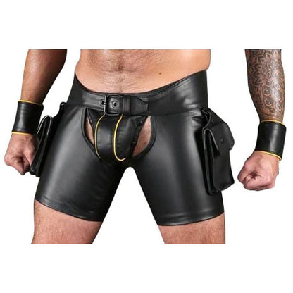 Men’s Leather Chaps Shorts with Cargo Pockets & Jock