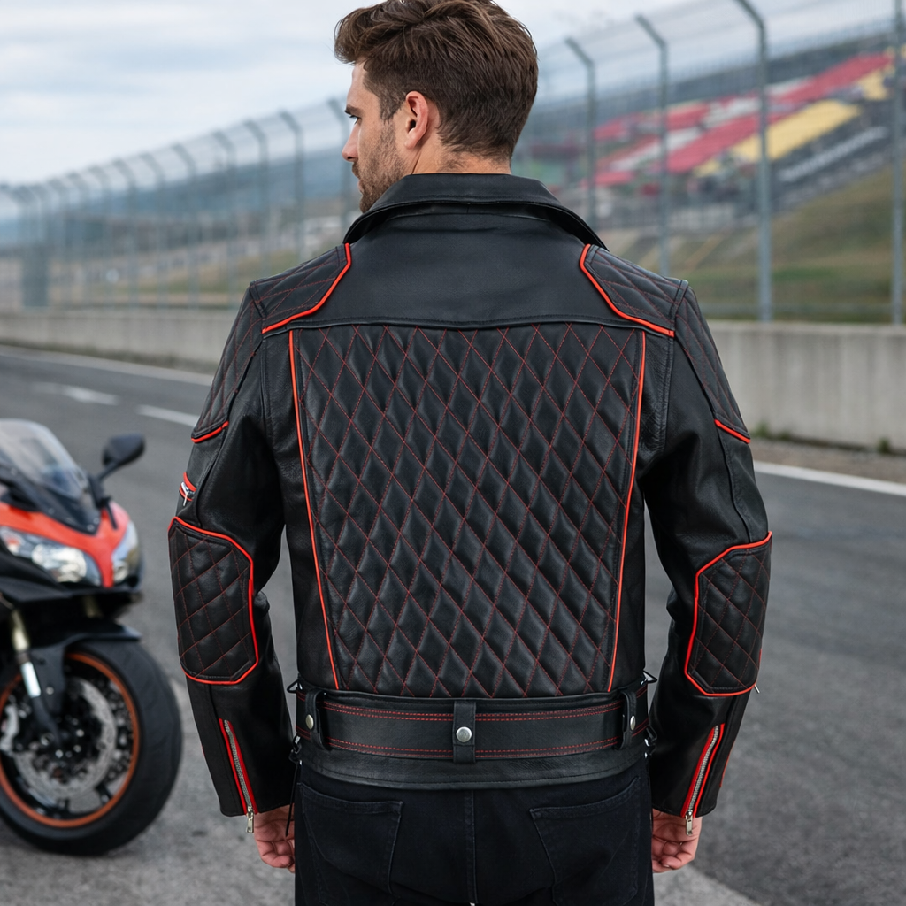 Men’s Brando Cowhide Leather Biker Jacket with Quilted Panels & Red Accents