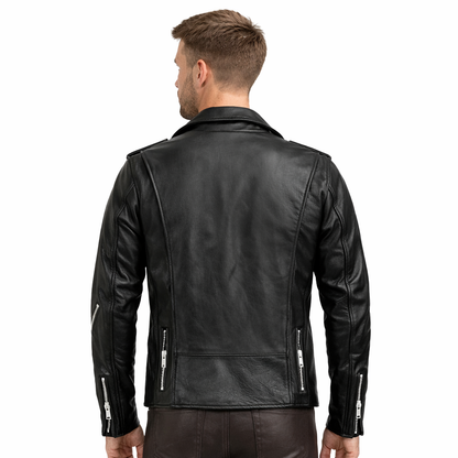 Men’s Classic Brando Leather Biker Jacket – Studded Lapels & Zip Cuffs