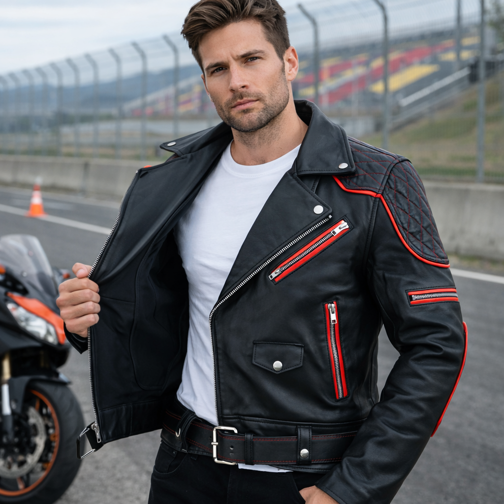 Men’s Brando Cowhide Leather Biker Jacket with Quilted Panels & Red Accents