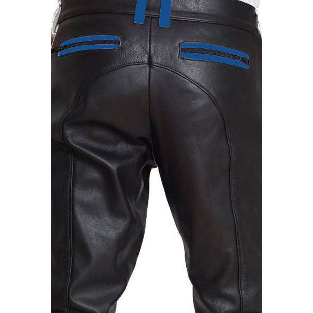 Men’s Cowhide Leather Biker Pants with Color Stripes & Piping