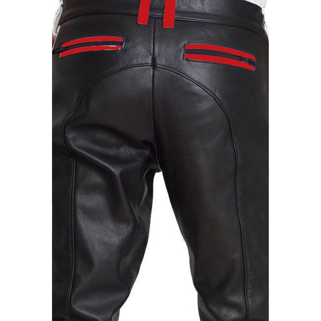 Men’s Cowhide Leather Biker Pants with Color Stripes & Piping
