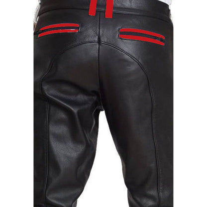 Men’s Cowhide Leather Biker Pants with Color Stripes & Piping
