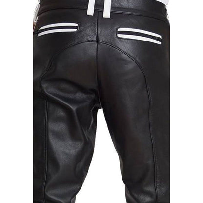 Men’s Cowhide Leather Biker Pants with Color Stripes & Piping