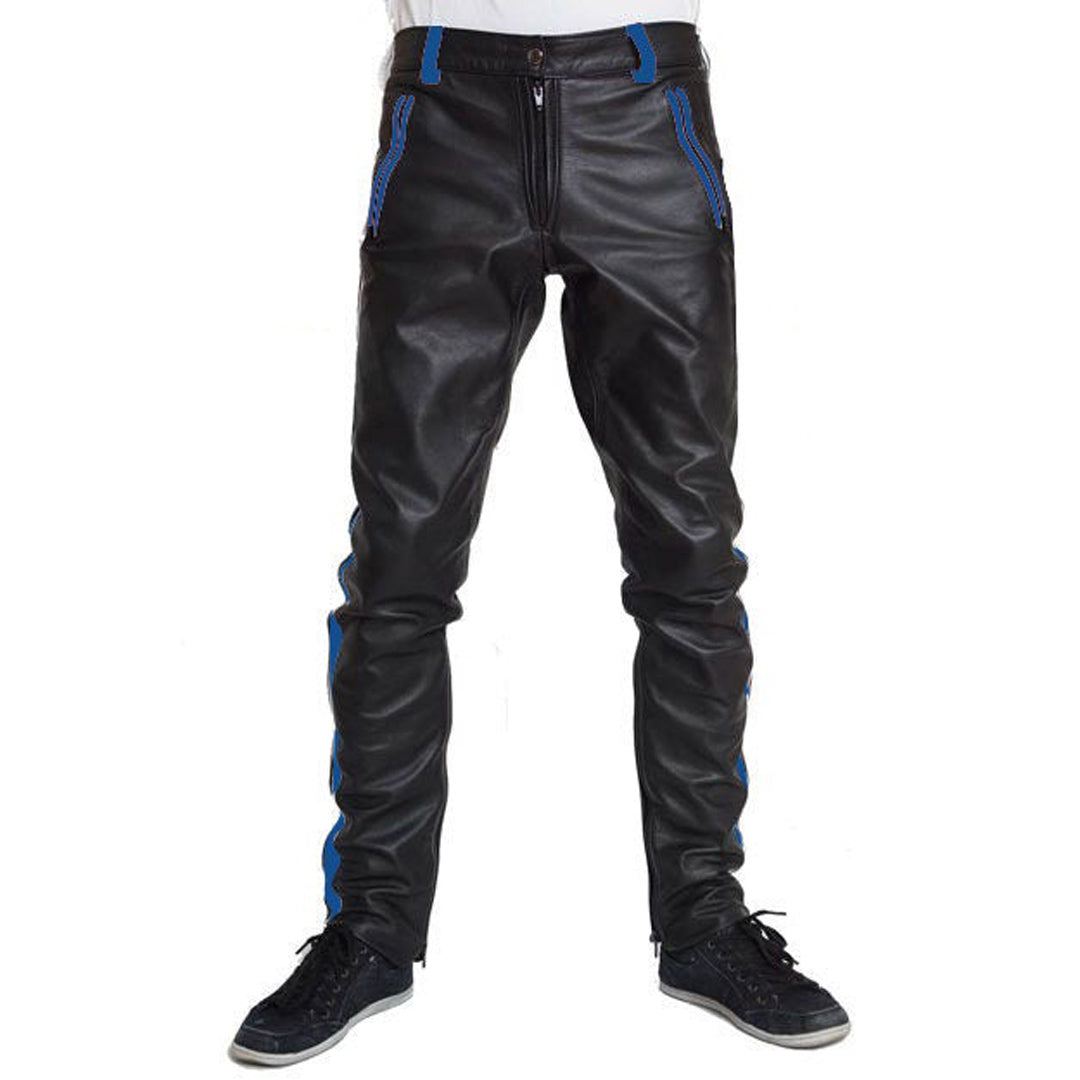 Men’s Cowhide Leather Biker Pants with Color Stripes & Piping