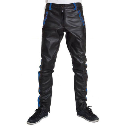Men’s Cowhide Leather Biker Pants with Color Stripes & Piping