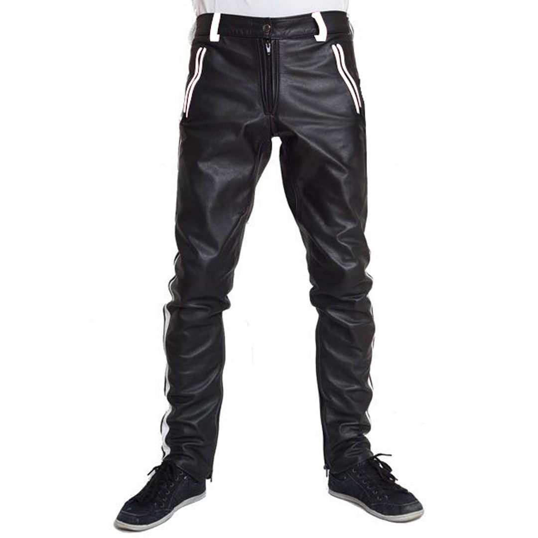 Men’s Cowhide Leather Biker Pants with Color Stripes & Piping