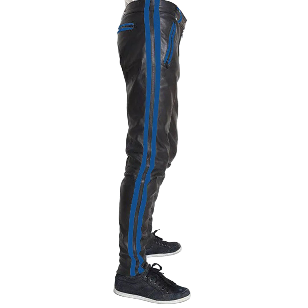 Men’s Cowhide Leather Biker Pants with Color Stripes & Piping