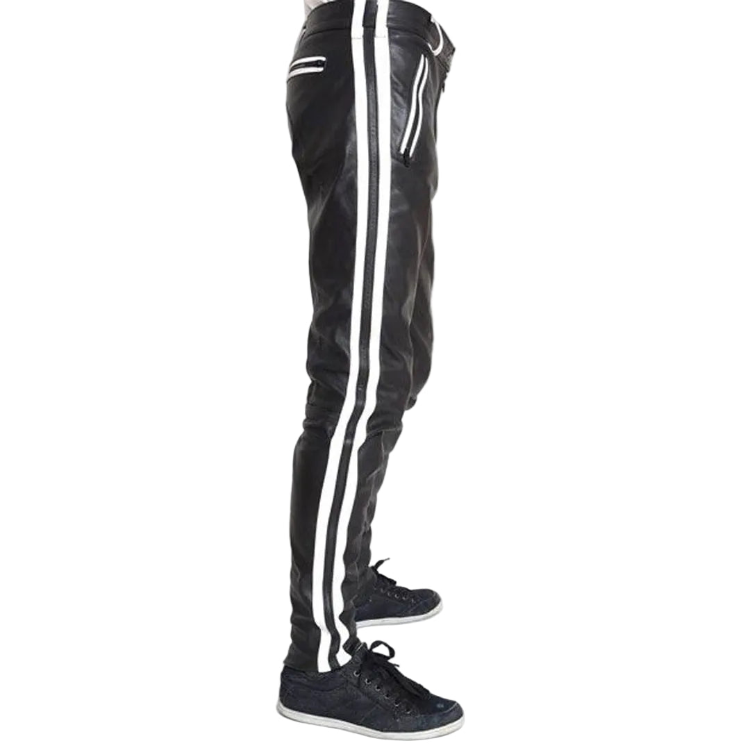 Men’s Cowhide Leather Biker Pants with Color Stripes & Piping