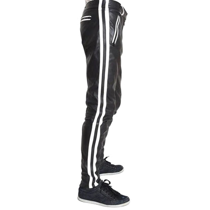 Men’s Cowhide Leather Biker Pants with Color Stripes & Piping