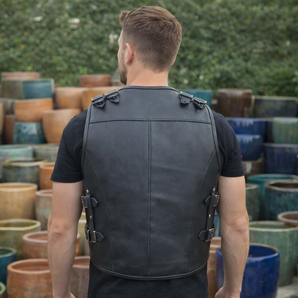 Men’s Thick Cowhide Leather Biker Vest – Buckle Closure with Black Piping
