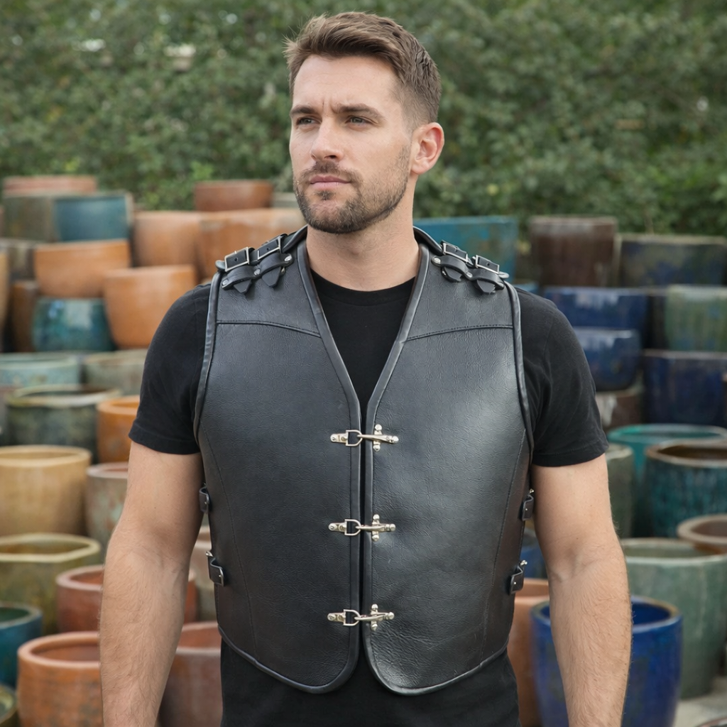 Men’s Thick Cowhide Leather Biker Vest – Buckle Closure with Black Piping